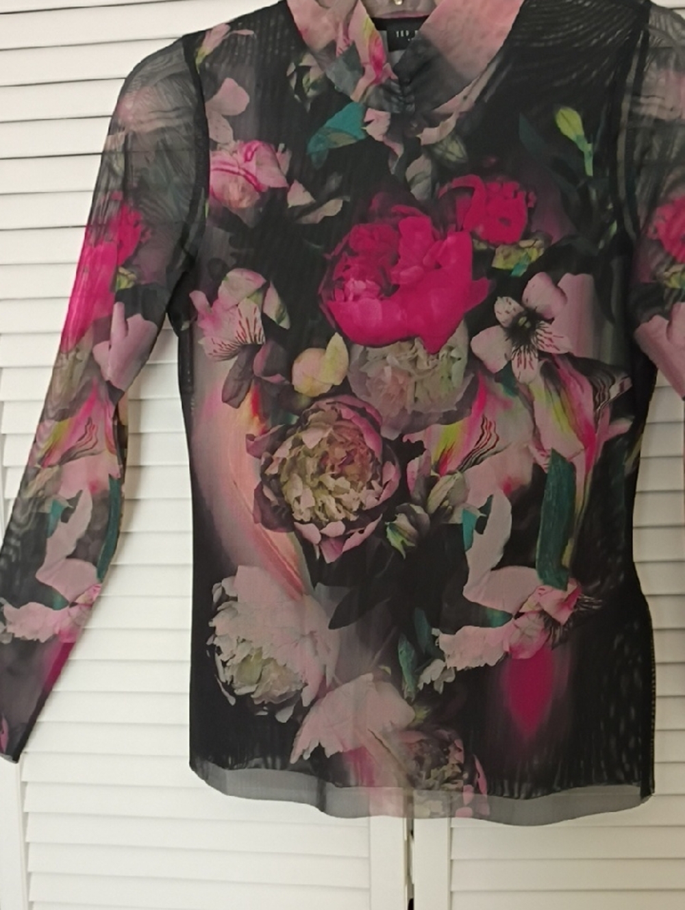 Sheer Floral Ted Baker 3 Long-Sleeve Top in Black and Pink